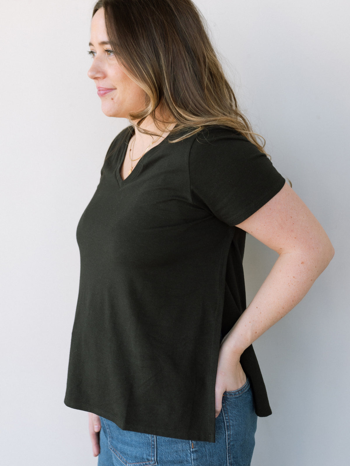 Black nursing t-shirt with hidden side nursing access.