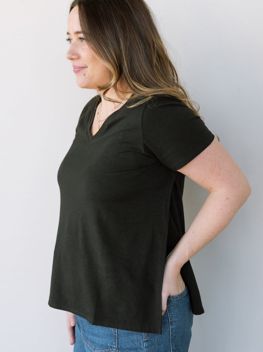 Black nursing t-shirt with hidden side nursing access.